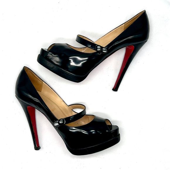 CHRISTIAN LOUBOUTIN Black Patent Leather Peep-Toe Mary Jane Platform Pum…